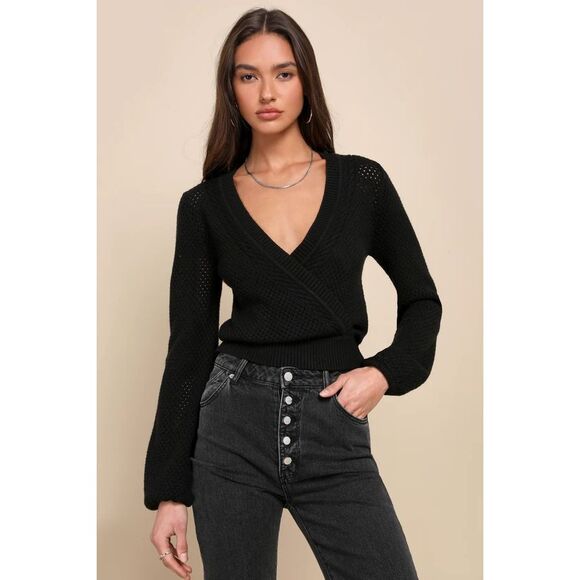 Lulu's‎ Sweetest Fashion Black Crochet Knit Surplice Sweater Top - Picture 1 of 10